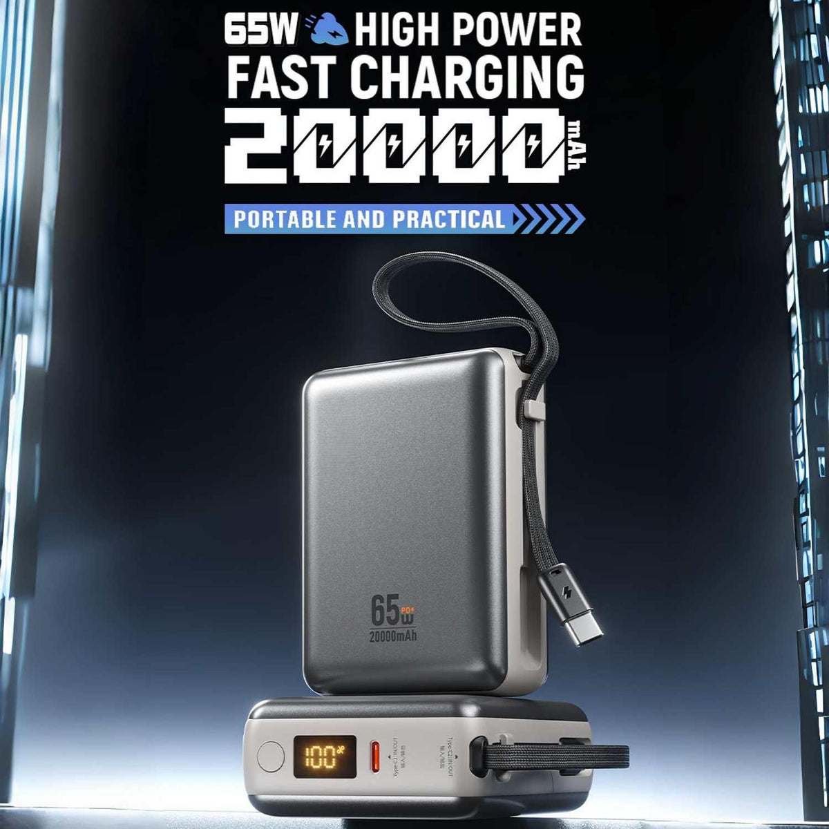 20000mAh 65W Fast Charging Power Bank with Detachable Built-in Cable