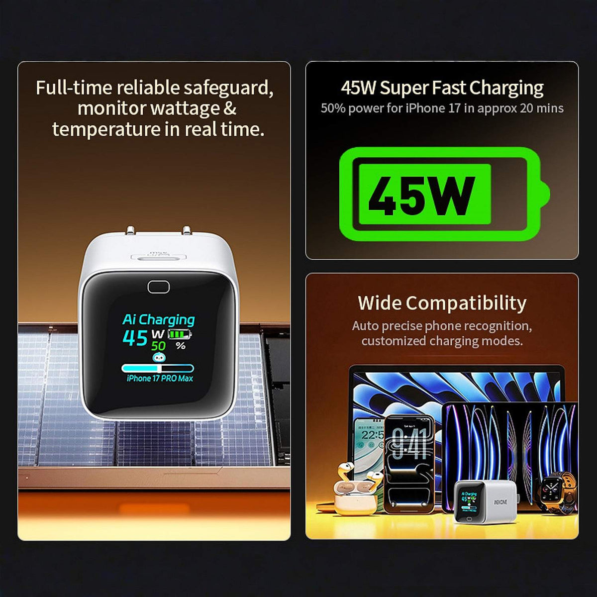 45W Smart Display USB C Fast Charger with Foldable Plug
