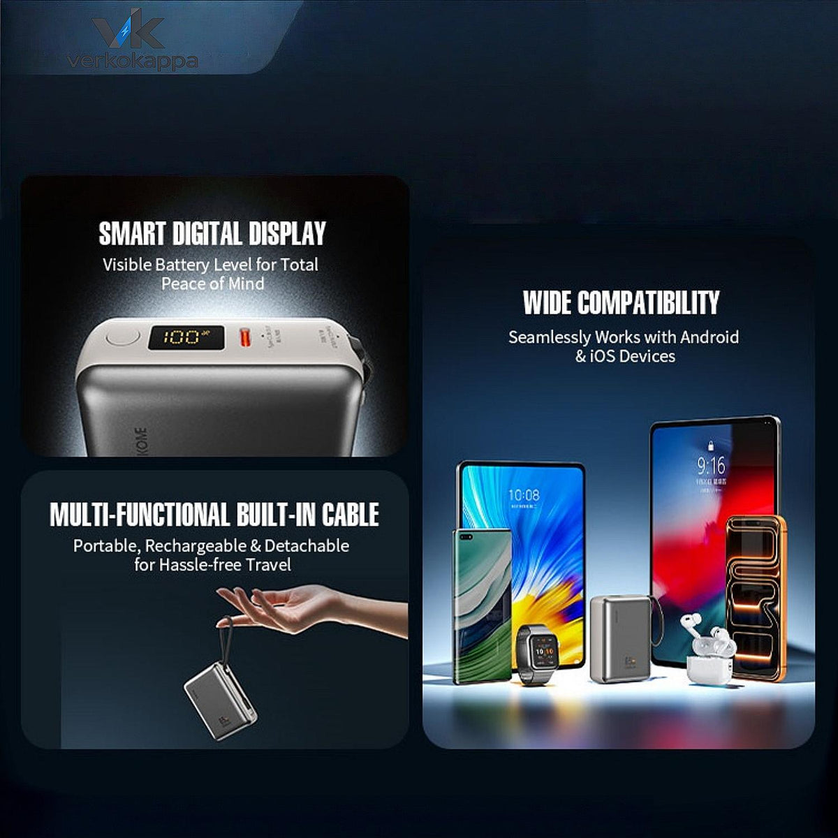 20000mAh 65W Fast Charging Power Bank with Detachable Built-in Cable