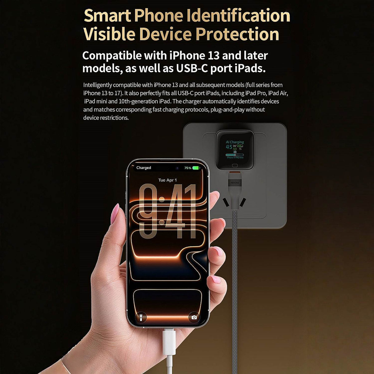 45W Smart Display USB C Fast Charger with Foldable Plug