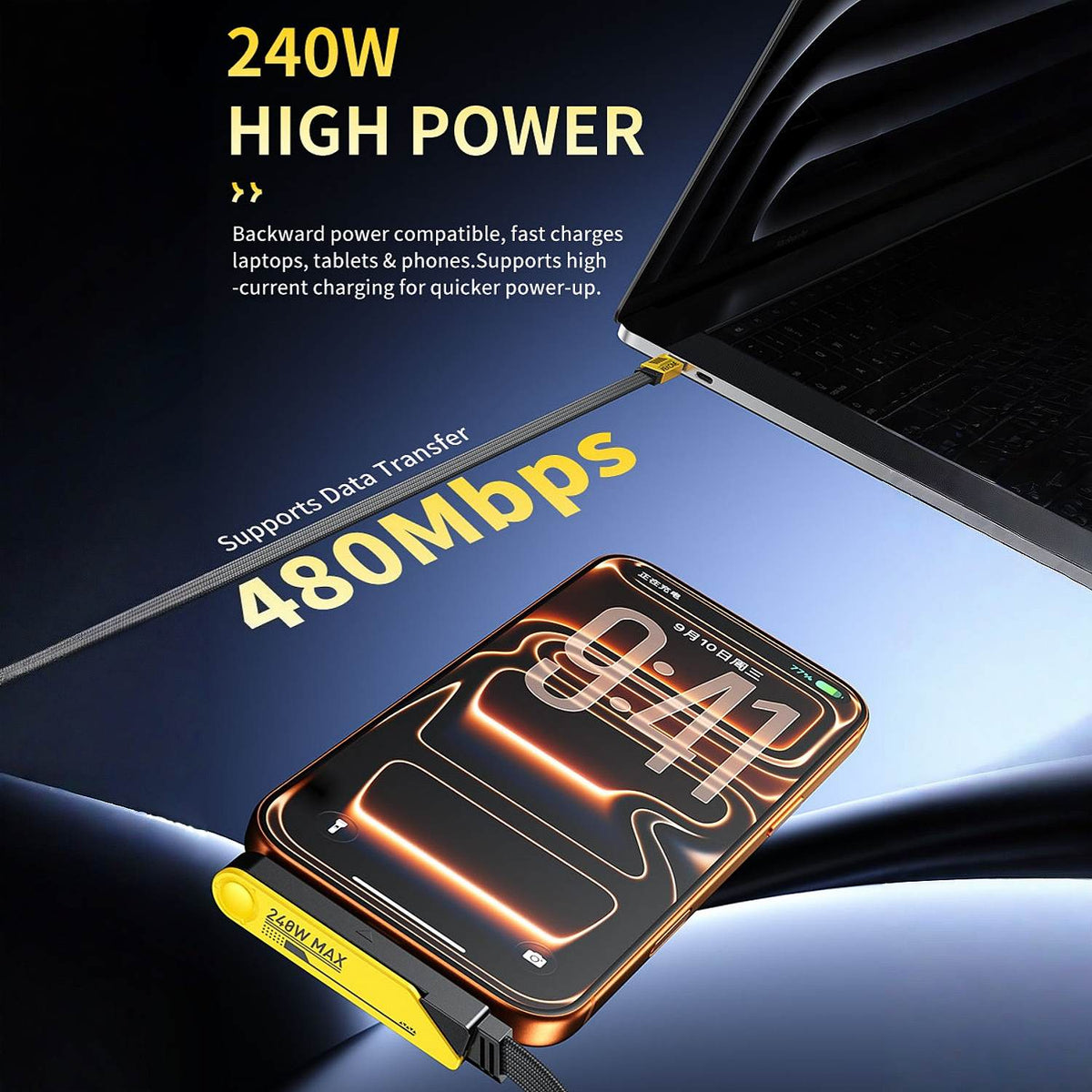 240W USB C Fast Charging Cable with Foldable Phone Stand