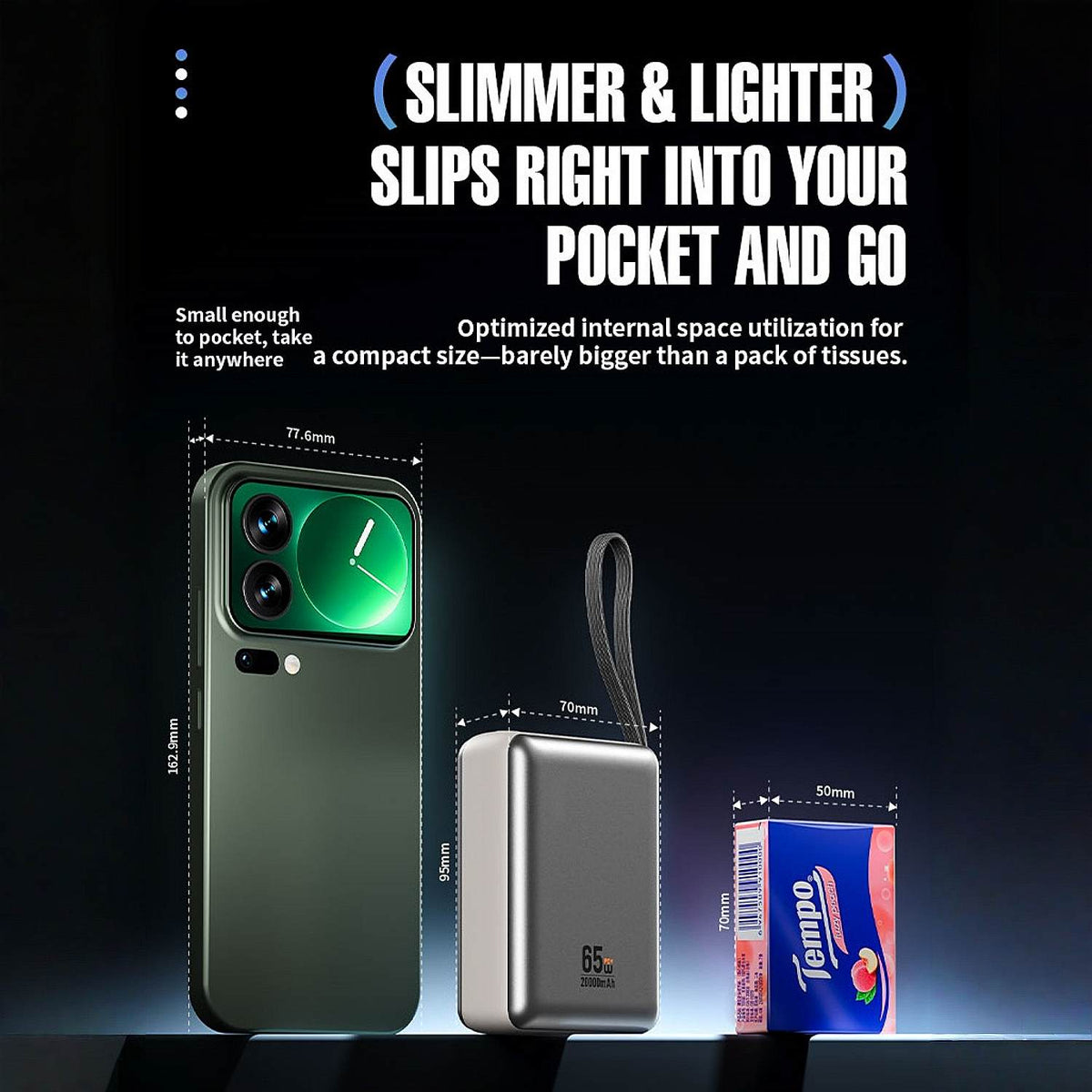 20000mAh 65W Fast Charging Power Bank with Detachable Built-in Cable