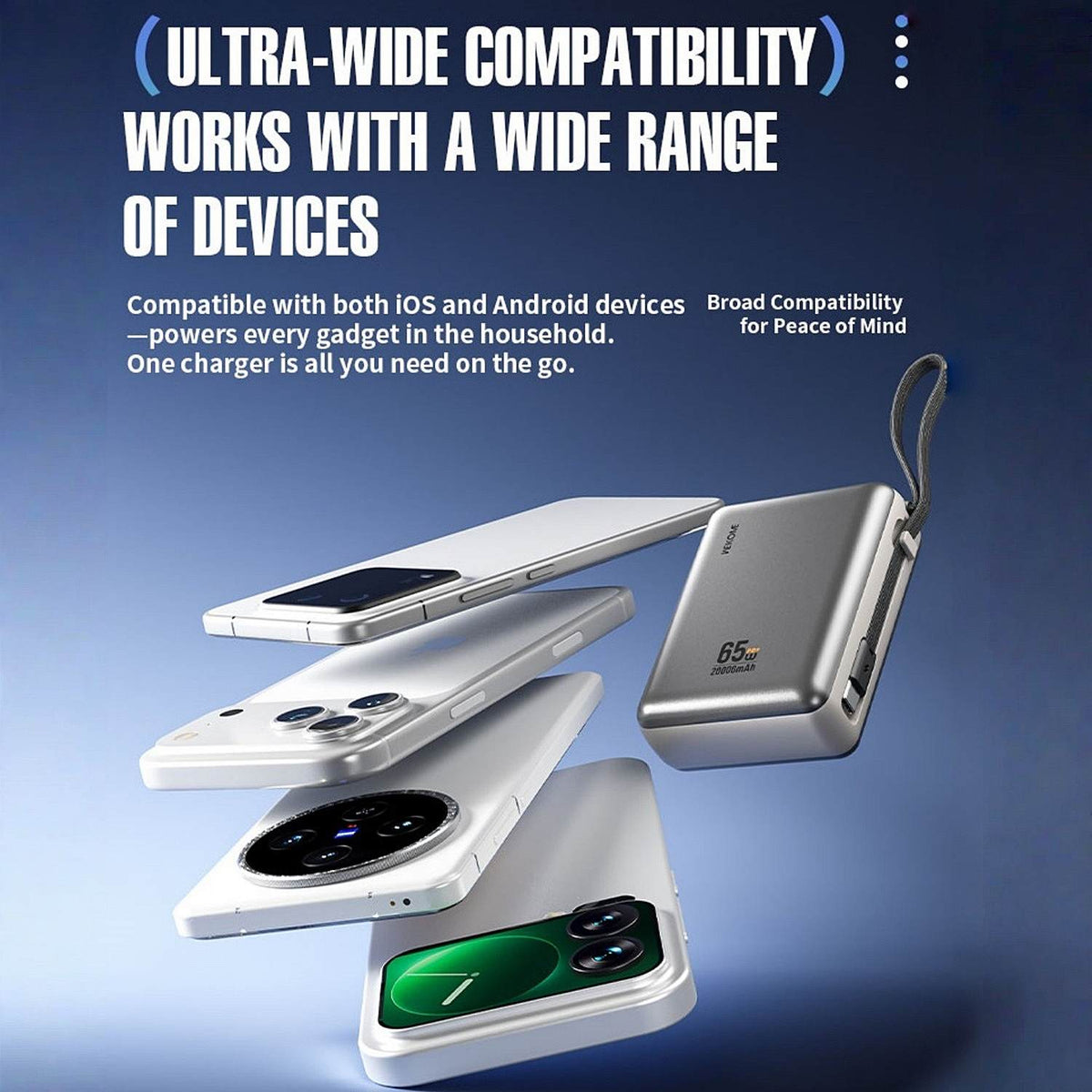 20000mAh 65W Fast Charging Power Bank with Detachable Built-in Cable