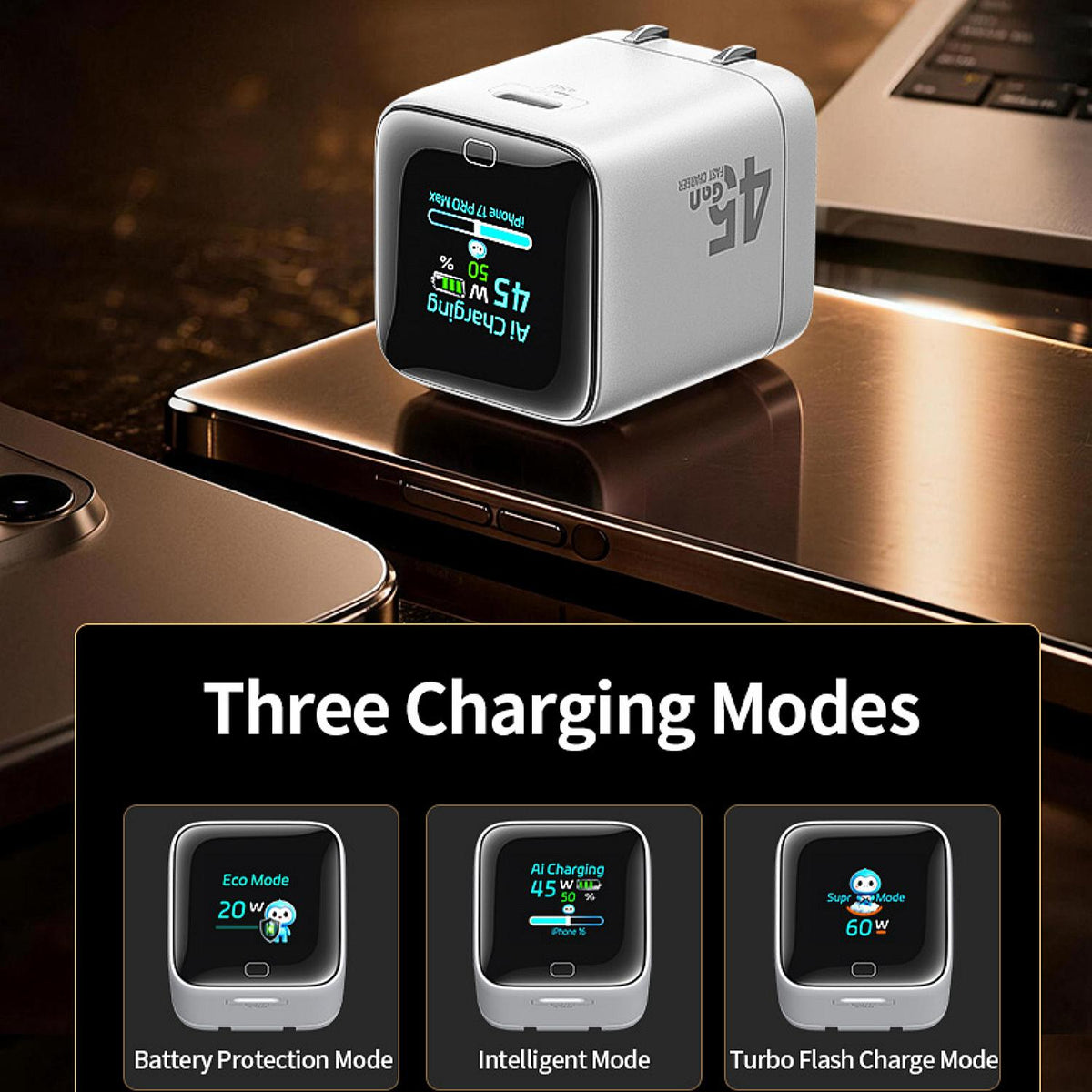45W Smart Display USB C Fast Charger with Foldable Plug