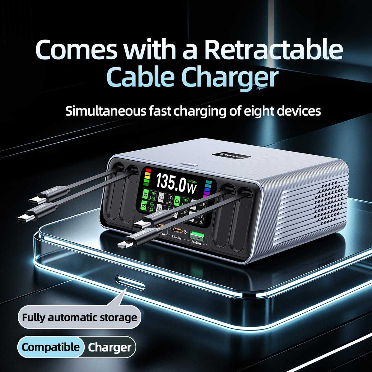 135W 8-Port USB C Desktop Charger with Digital Display & Retractable Cables