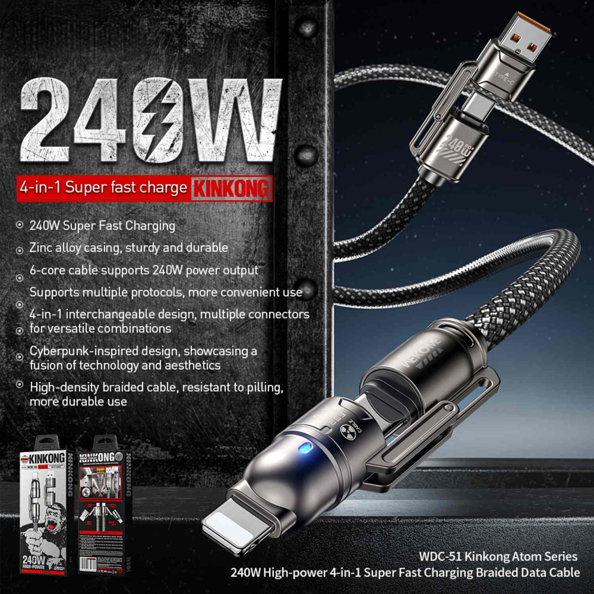 240W 4-in-1 Braided USB C Cable with Zinc Alloy Connectors