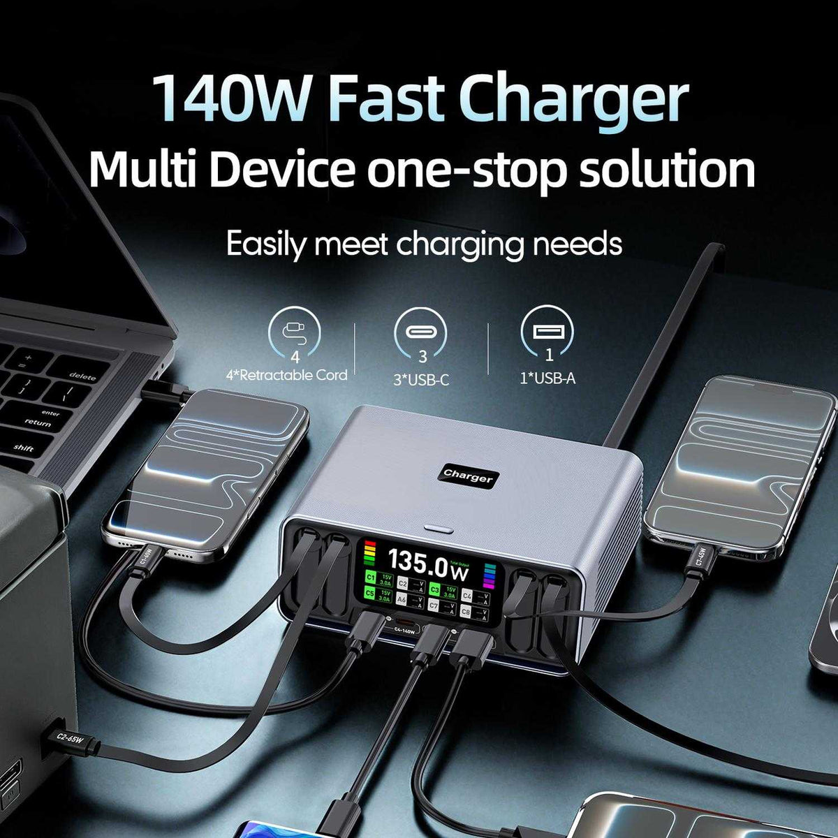 135W 8-Port USB C Desktop Charger with Digital Display & Retractable Cables