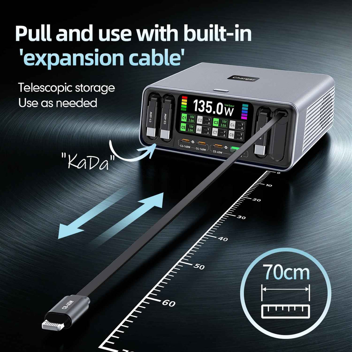 135W 8-Port USB C Desktop Charger with Digital Display & Retractable Cables
