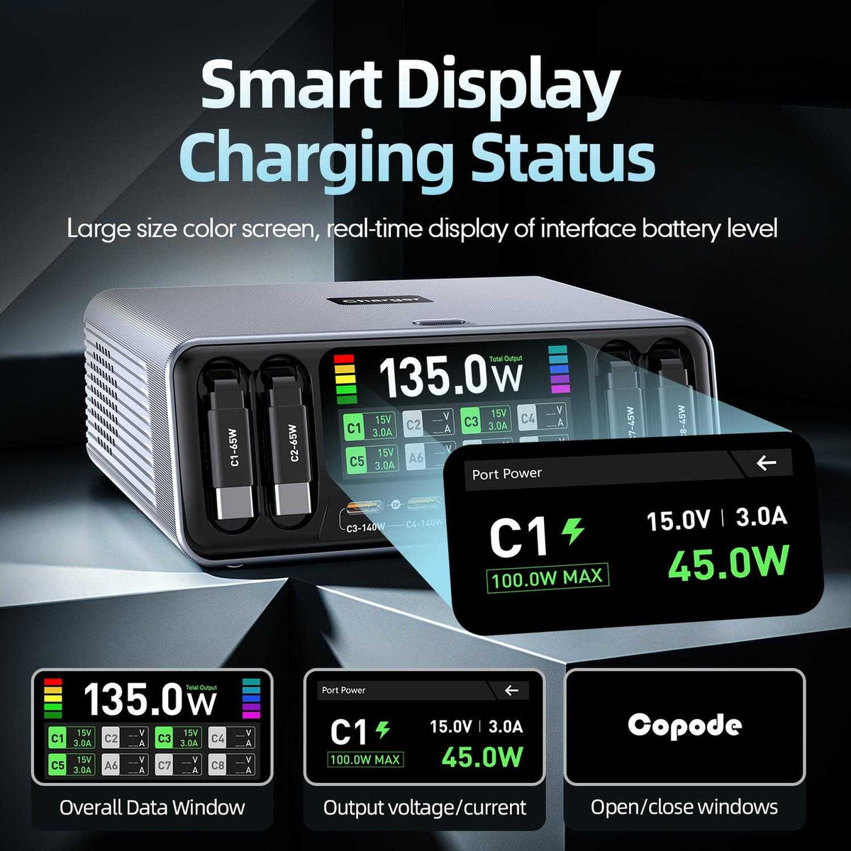 135W 8-Port USB C Desktop Charger with Digital Display & Retractable Cables