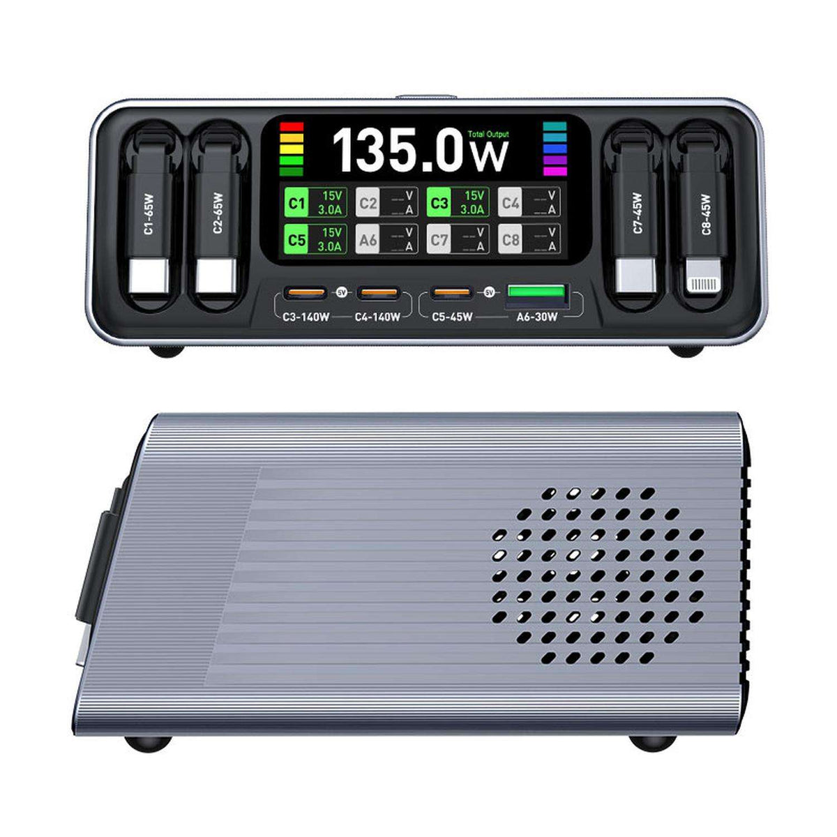 135W 8-Port USB C Desktop Charger with Digital Display & Retractable Cables