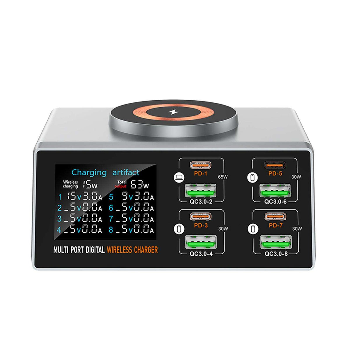 140W Multi Port Desktop Charger with Magnetic Wireless Charging & Digital Display