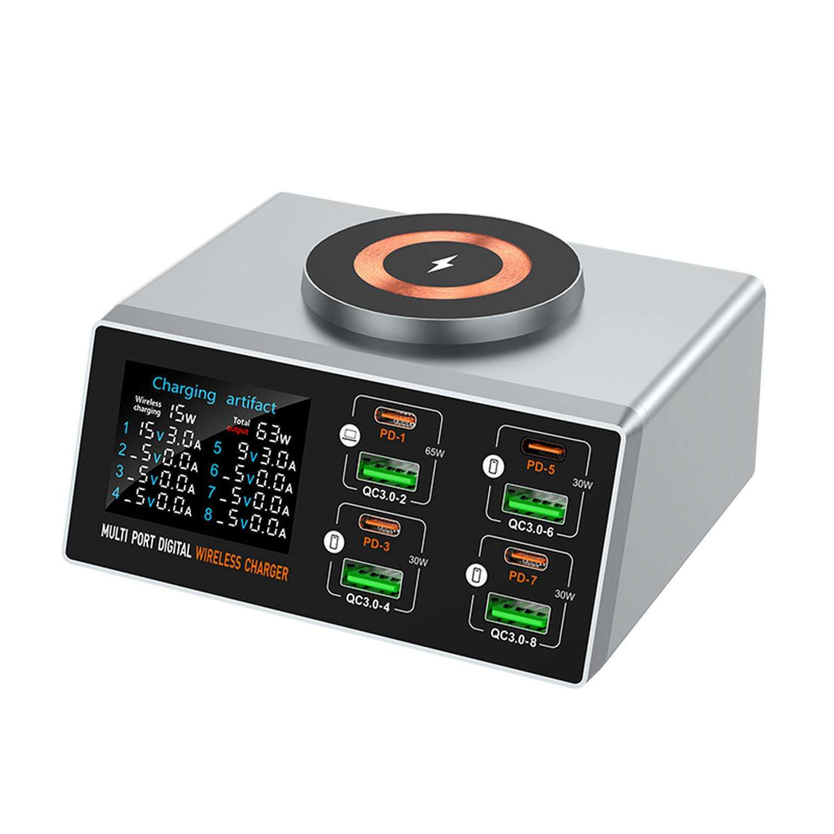 140W Multi Port Desktop Charger with Magnetic Wireless Charging & Digital Display