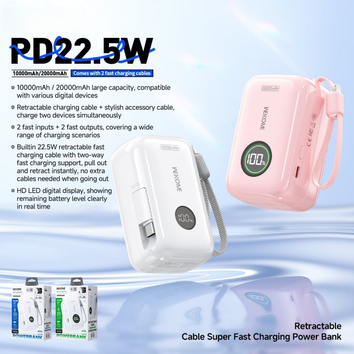 22.5W Fast Charging Power Bank with Built-in Cables & Digital Display