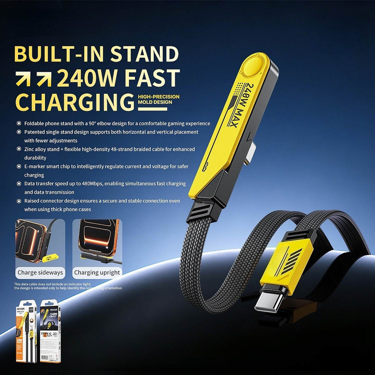240W USB C Fast Charging Cable with Foldable Phone Stand