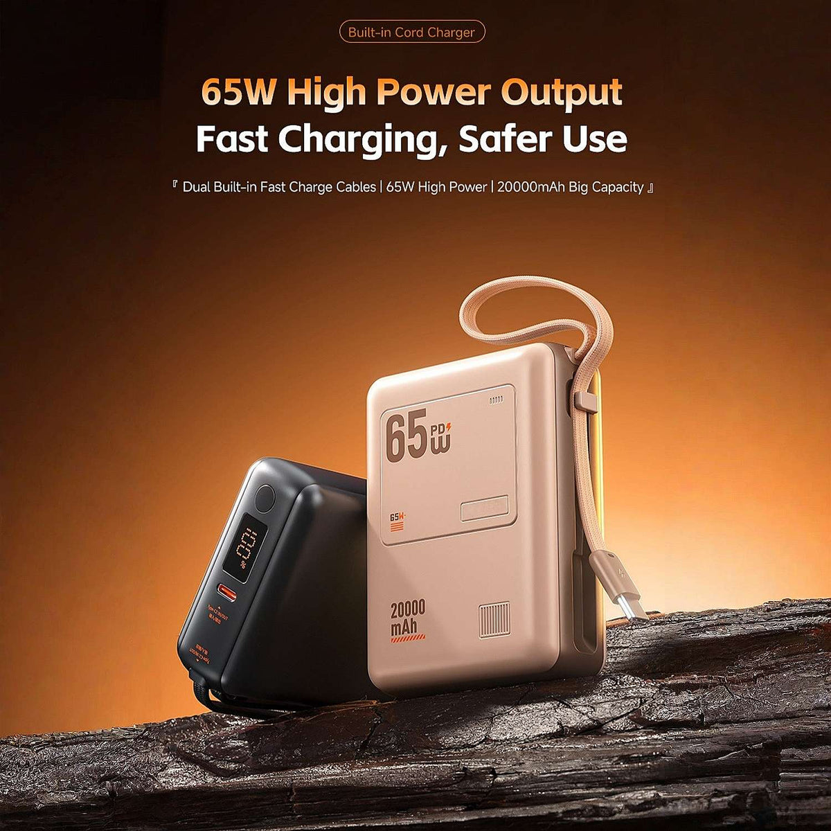 20000mAh 65W Fast Charging Power Bank with Detachable Built-in Cable