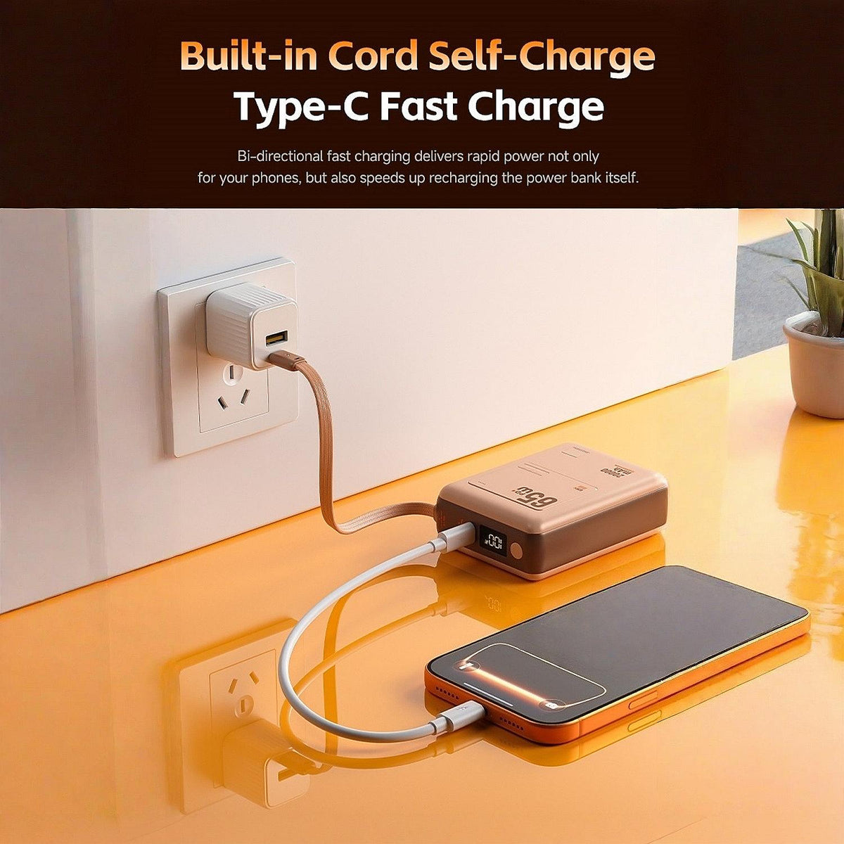 20000mAh 65W Fast Charging Power Bank with Detachable Built-in Cable