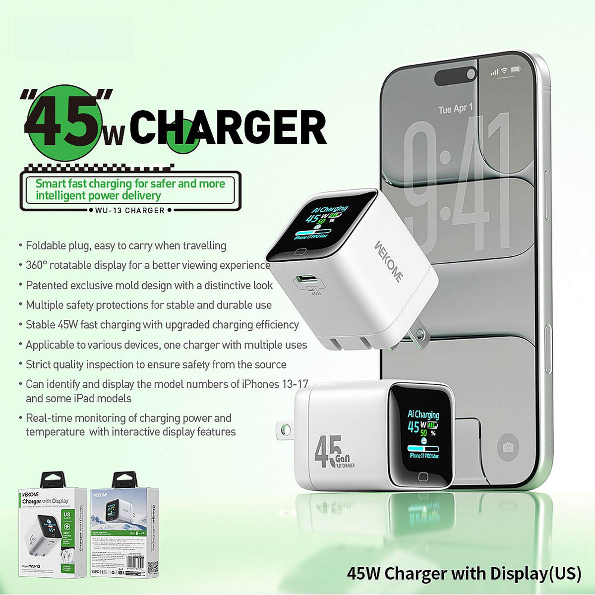 45W Smart Display USB C Fast Charger with Foldable Plug